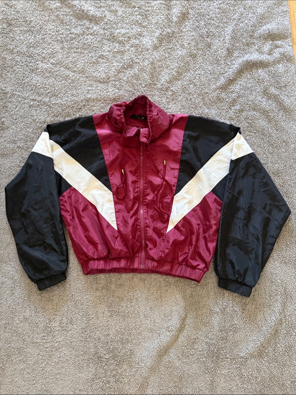 Women's Burgundy and Black Retro Colorblock Bomber Jacket